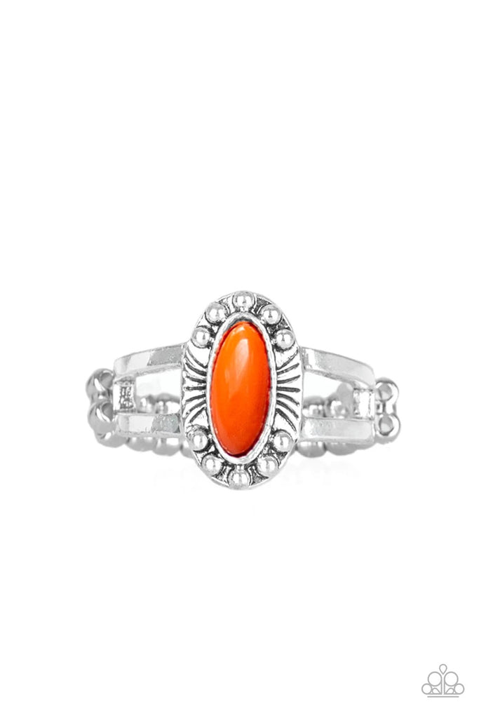 Featuring an edgy marquise shape, a vivacious orange bead is pressed into a dainty silver frame radiating with studded and wispy linear patterns for a colorful tribal look. Features a dainty stretchy band for a flexible fit.  Sold as one individual ring.