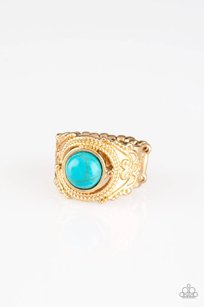 A refreshing turquoise stone is pressed into an ornate gold band radiating with rope-like and studded textures for a seasonal look. Features a stretchy band for a flexible fit.  Sold as one individual ring.