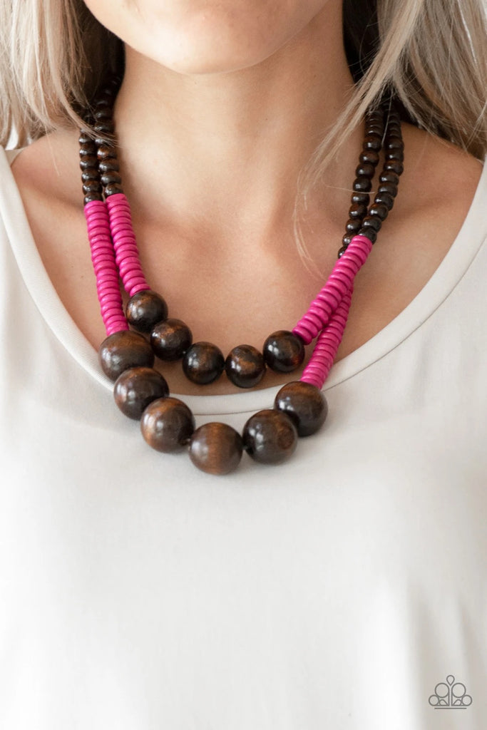 Cancun Cast Away - Pink Wood Necklace-Paparazzi