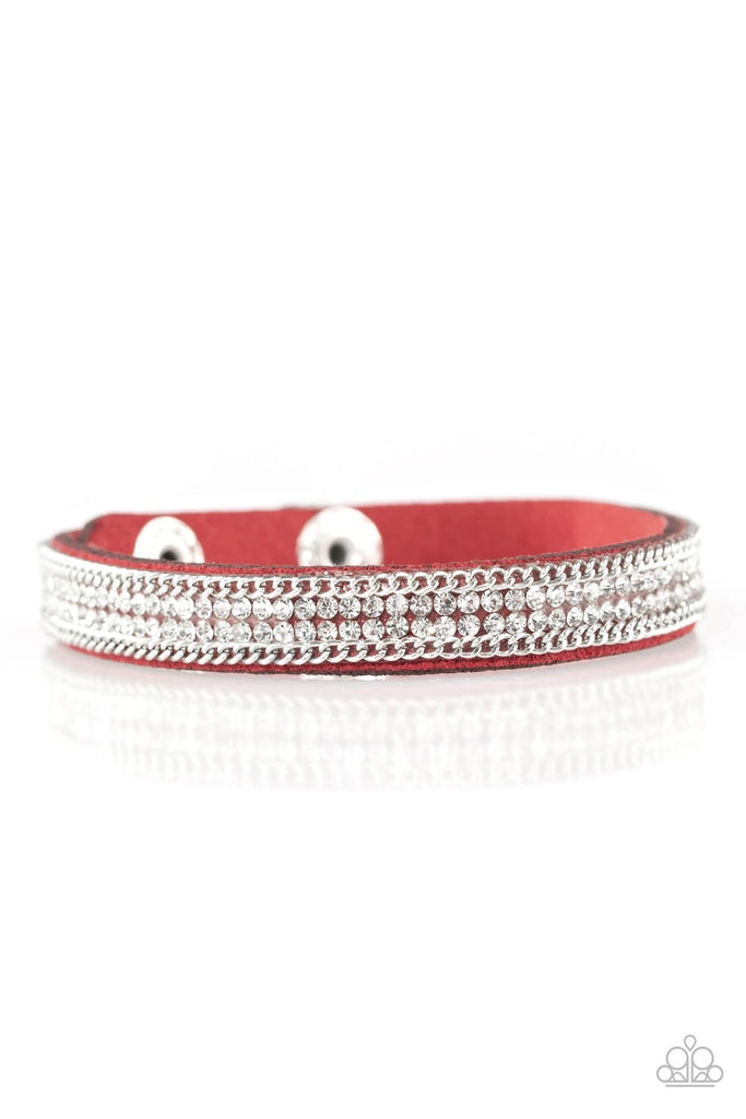 A skinny strand of red suede is encrusted in rows of glittery white rhinestones and shimmery silver chains for a sassy look. Features an adjustable clasp closure.  Sold as one individual bracelet.