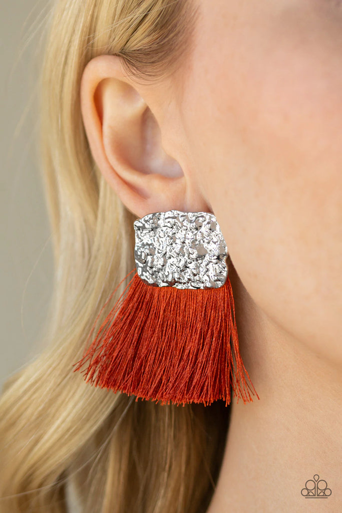 Plume Bloom - Orange Tassel Post Earring-Paparazzi - The Sassy Sparkle