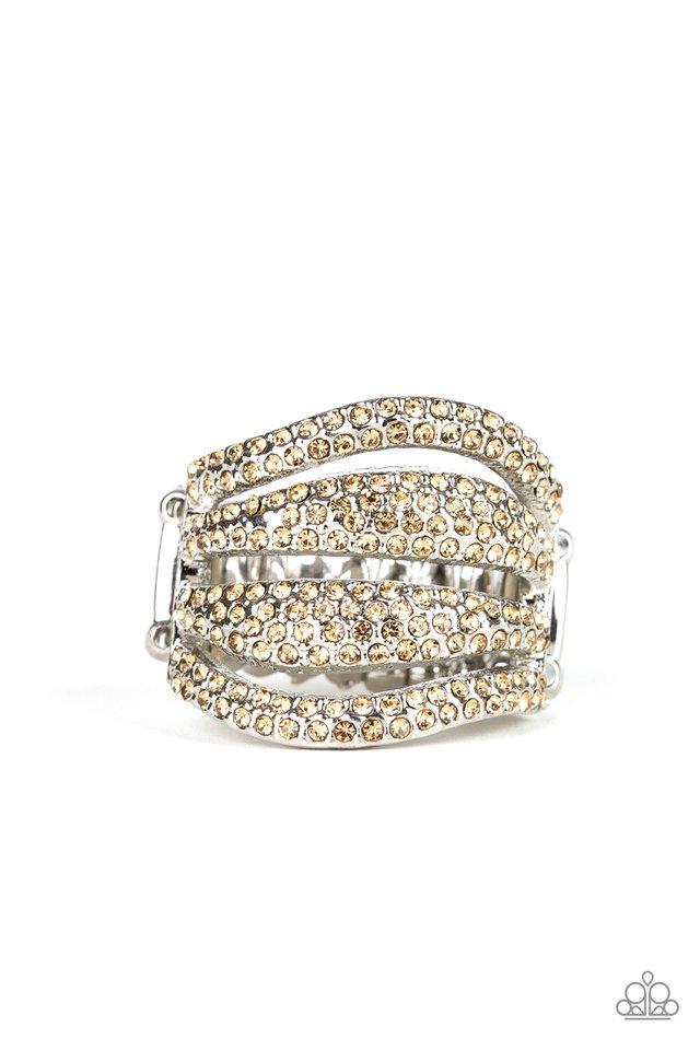 Encrusted in row after row of golden topaz rhinestones, shimmery silver bands wave across the finger, coalescing into a glitzy frame. Features a stretchy band for a flexible fit.  Sold as one individual ring.