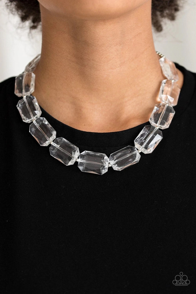 Infused with dainty silver beads, glassy emerald-cut beads join below the collar for a dramatic look. Features an adjustable clasp closure.  Sold as one individual necklace. Includes one pair of matching earrings.