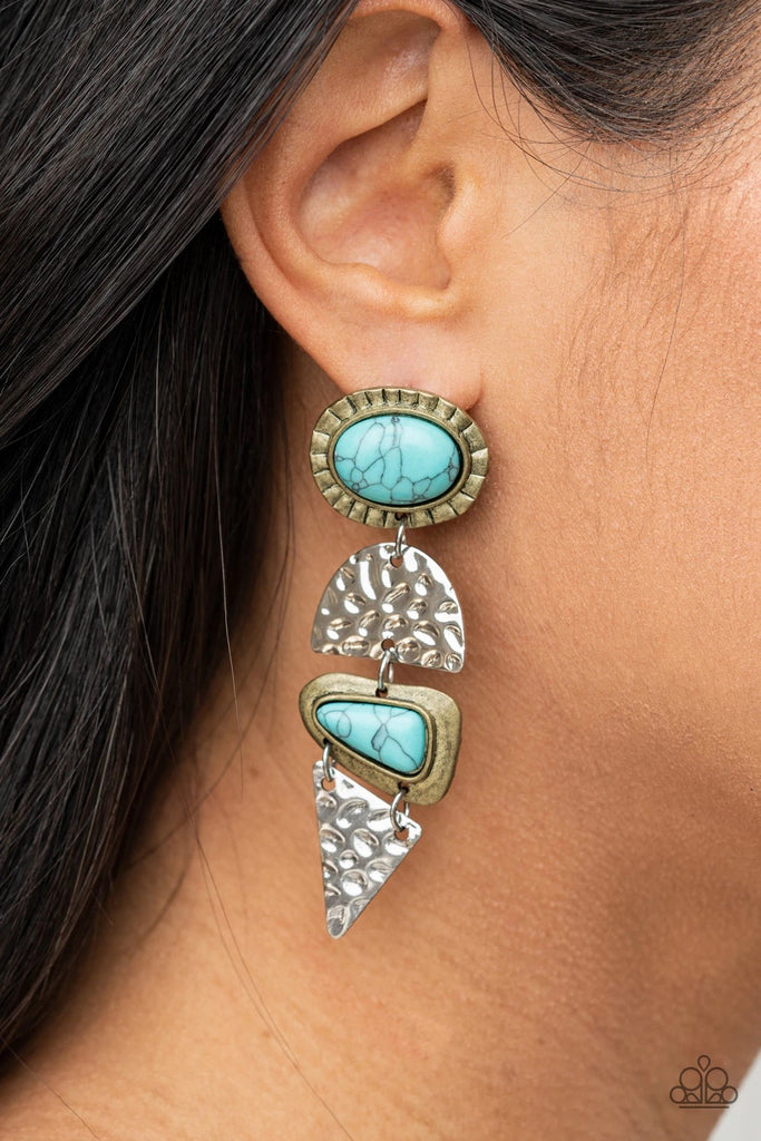 Dotted with oval and triangular turquoise stone accents, mismatched brass frames alternate with hammered geometric silver plates, creating an earthy lure. Earring attaches to a standard post fitting.  Sold as one pair of post earrings.