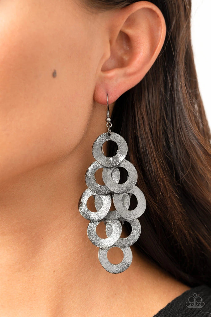 Delicately hammered in light-catching shimmer, rows of curved gunmetal hoops delicately overlap into a noise-making lure. Earring attaches to a standard fishhook fitting.  Sold as one pair of earrings.
