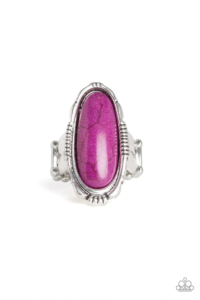 An oblong purple stone is pressed into the center of an ornate silver frame for a seasonal look. Features a stretchy band for a flexible fit.  Sold as one individual ring.