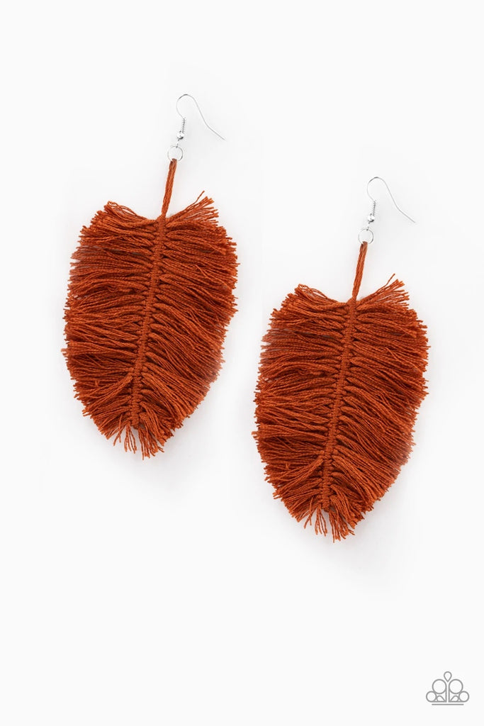 Hanging By A Thread - Brown Fringe Earring-Paparazzi