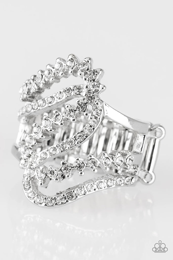 Encrusted in dainty white rhinestones, radiant silver ribbons wave across the finger, coalescing into a whimsical band. Features a stretchy band for a flexible fit.  Sold as one individual ring.