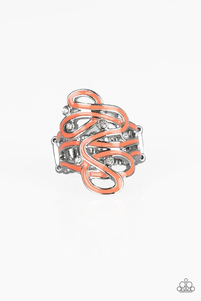 Painted in a shiny orange finish, glistening silver ribbons whirl around dainty white rhinestones, coalescing into a whimsical frame atop the finger. Features a stretchy band for a flexible fit.  Sold as one individual ring.