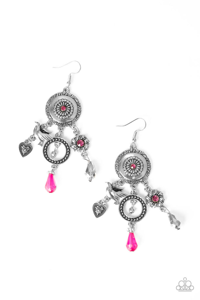 Infused with glittery Pink Peacock rhinestone and crystal-like accents, a whimsical display of silver heart, flower, and bird charms dance from the bottom of a decorative floral silver frame, creating a noisy fringe. Earring attaches to a standard fishhook fitting.  Sold as one pair of earrings.