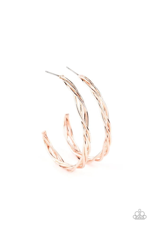 Twisted Tango - Rose Gold Hoop Earring-Paparazzi - The Sassy Sparkle