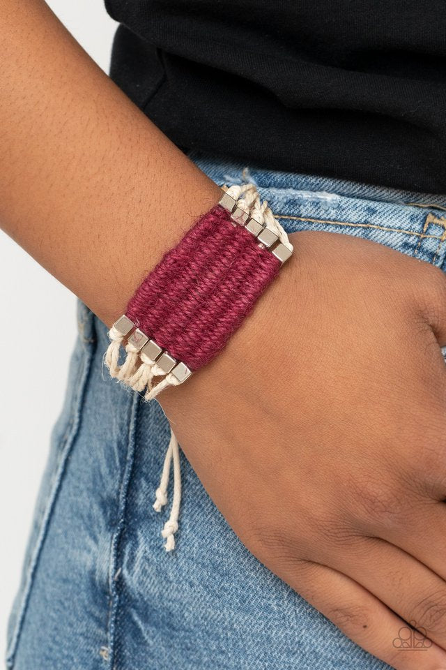 Infused with silver cube beads, wine twine-like cording knots and weaves around strands of white cording, creating a colorful centerpiece. Features an adjustable sliding knot closure.  Sold as one individual bracelet.
