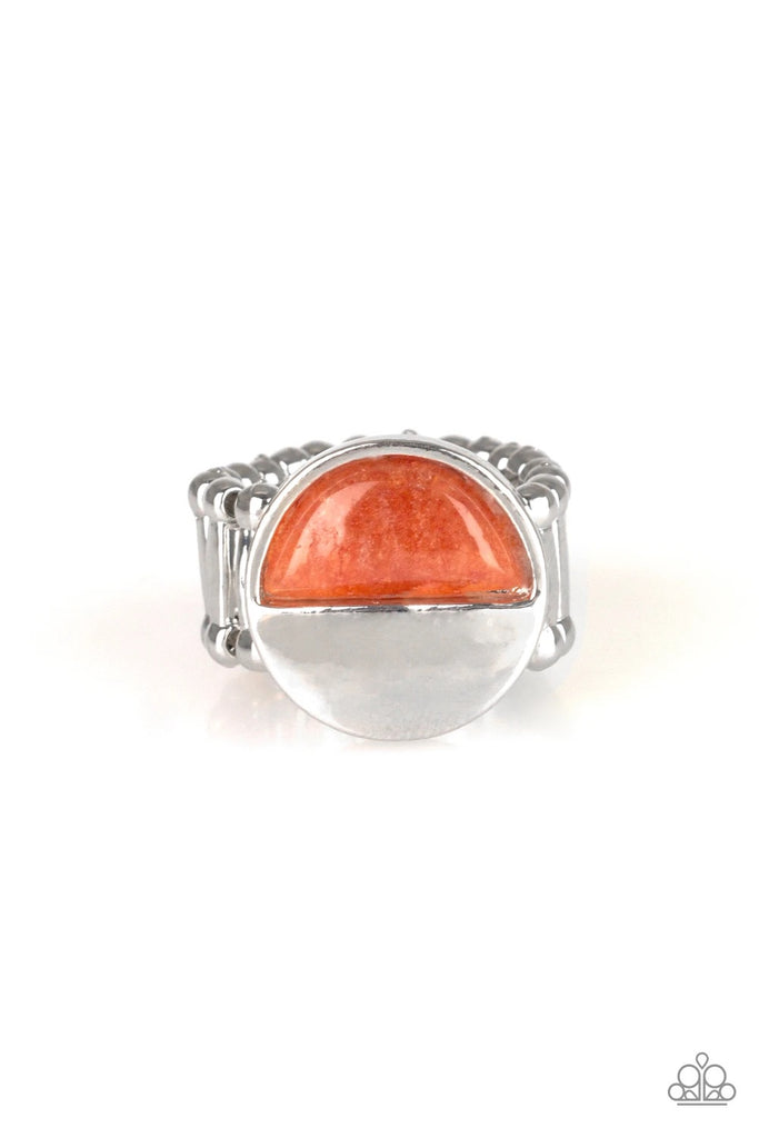Chiseled into a tranquil crescent shape, a glassy orange stone is pressed into the bottom half of a circular silver frame for an on-trend look. Features a stretchy band for a flexible fit.  Sold as one individual ring.