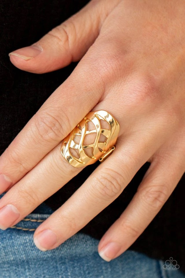 Dainty gold bars delicately crisscross across the finger, weaving into a fiery frame centerpiece. Features a stretchy band for a flexible fit.  Sold as one individual ring.