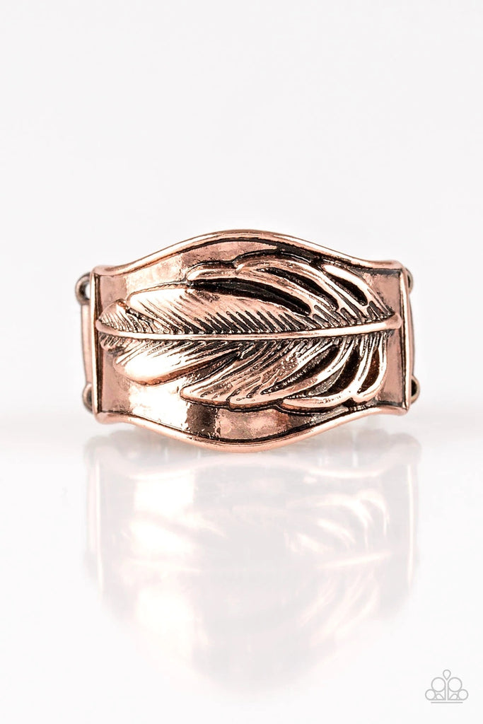 Brushed in a high-sheen finish, a glistening copper feather is embossed across the front of a thick copper band for a seasonal look. Features a stretchy band for a flexible fit.  Sold as one individual ring.