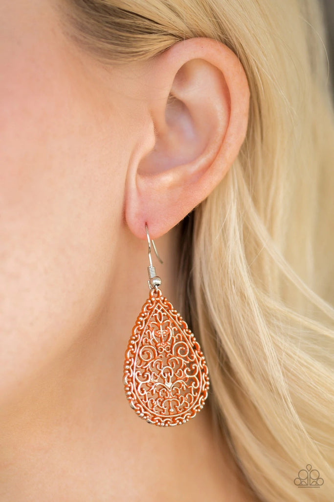 Brushed in a refreshing orange finish, vine-like filigree climbs a shimmery silver teardrop for a whimsical look. Earring attaches to a standard fishhook fitting.  Sold as one pair of earrings.