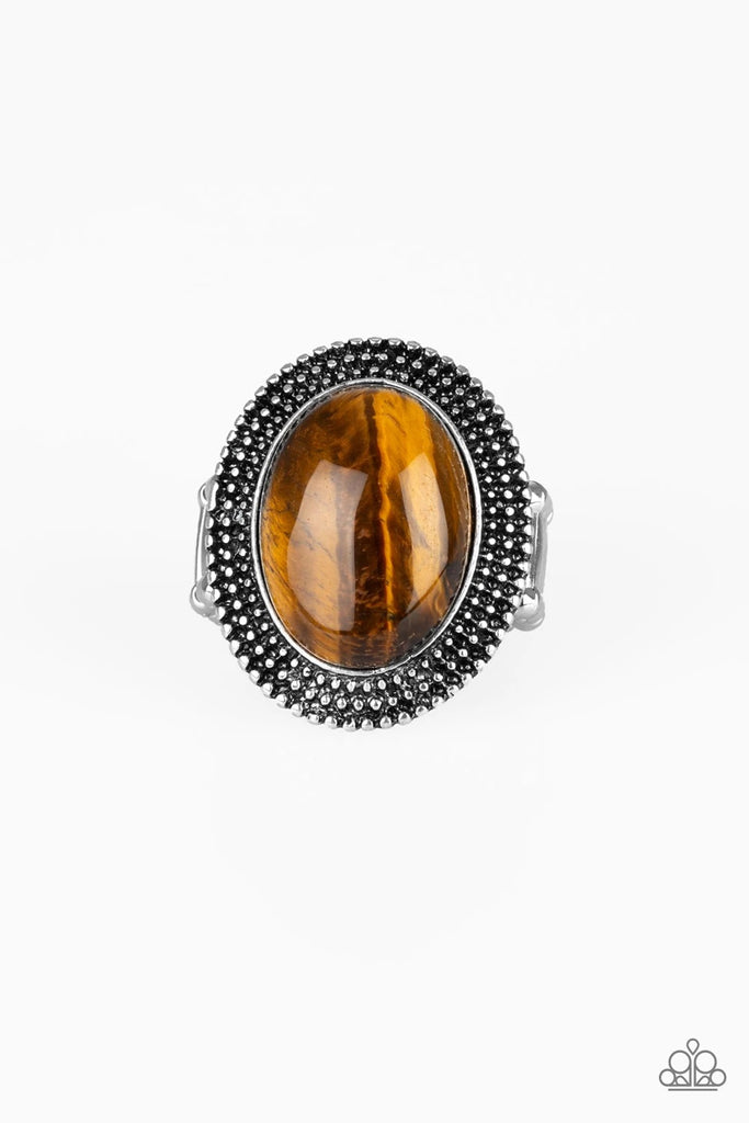A polished Tiger's Eye stone is pressed into the center of a shimmery silver frame radiating with studded textures. As the stone elements in this piece are natural, some color variation is normal. Features a stretchy band for a flexible fit.  Sold as one individual ring.