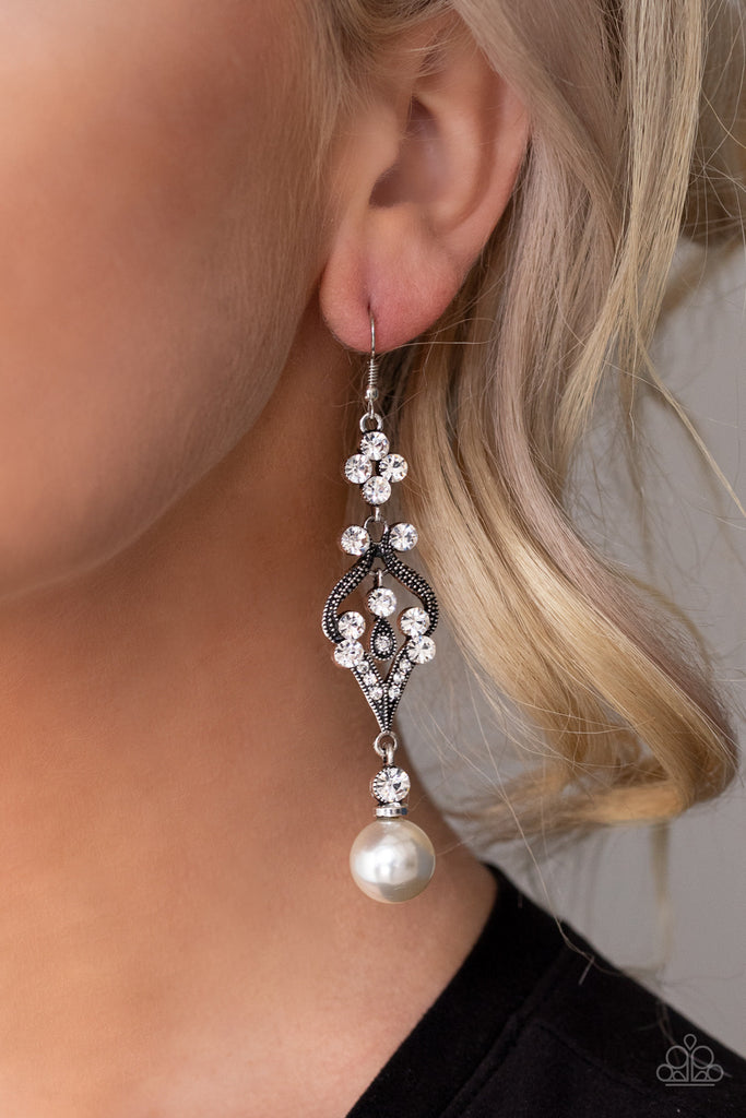 Elegantly Extravagant-white earring-Pearl-Rhinestone-Paparazzi - The Sassy Sparkle