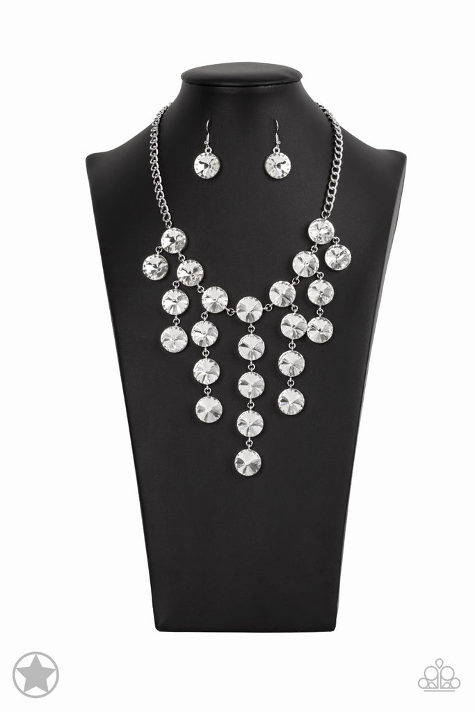 Encased in sleek silver fittings, dramatically oversized white rhinestones delicately link into twinkly tassels that taper off into a jaw-dropping fringe below the collar. Features an adjustable clasp closure.  Sold as one individual necklace. Includes one pair of matching earrings.  