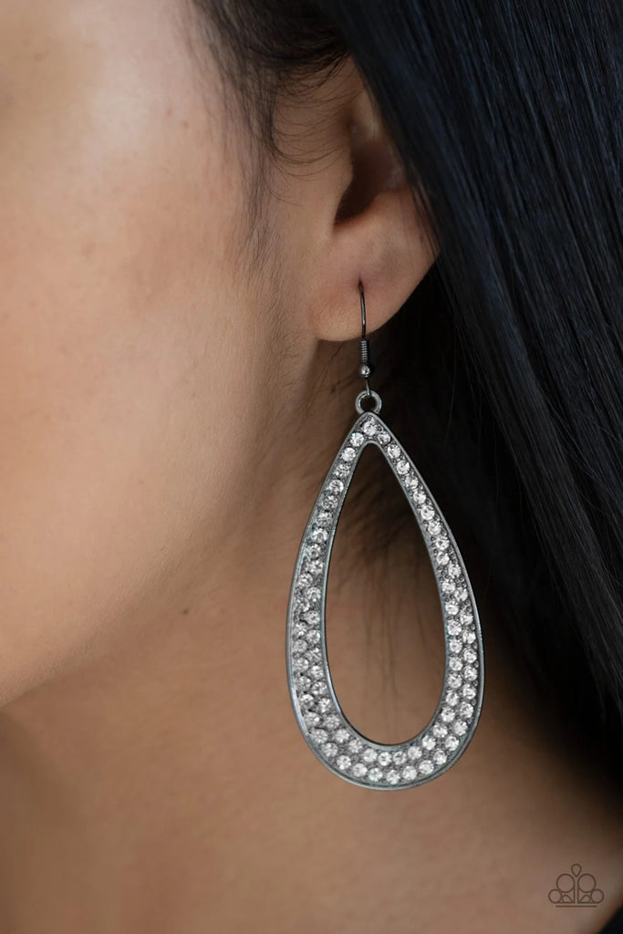 A glistening gunmetal teardrop is encrusted in rows of glassy white rhinestones for a statement-making look. Earring attaches to a standard fishhook fitting.  Sold as one pair of earrings.