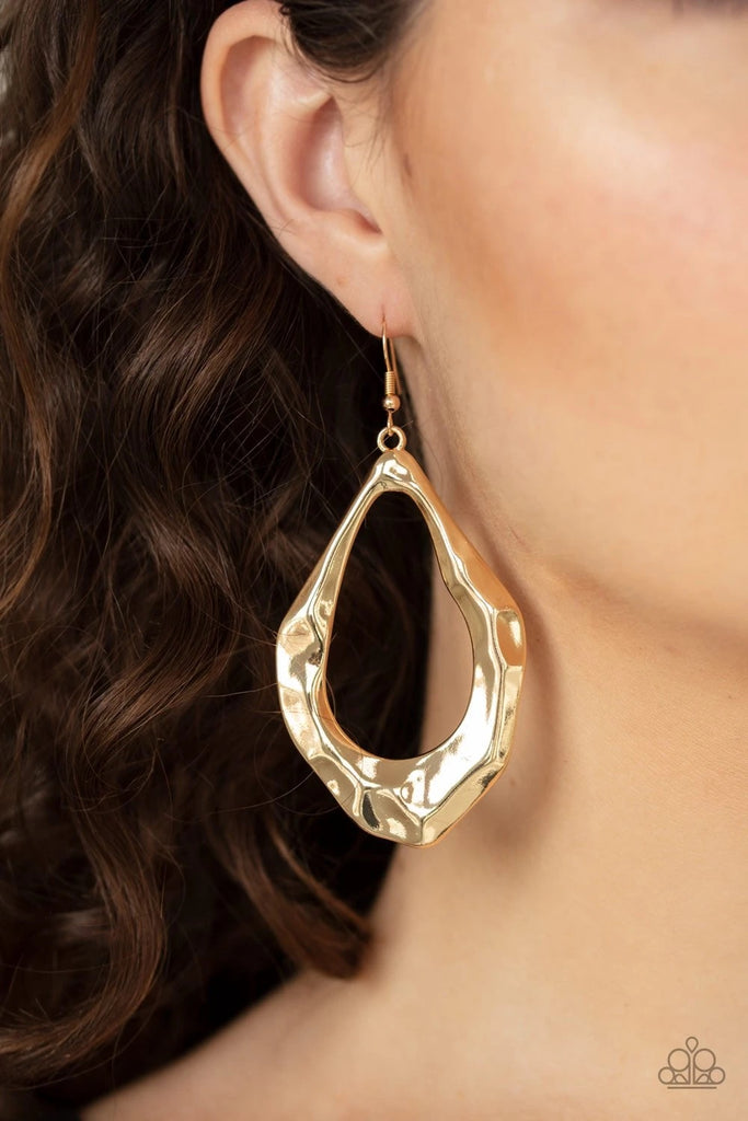 Featuring a glistening hammered finish, an asymmetrical teardrop drips from the ear for an edgy look. Earring attaches to a standard fishhook fitting.  Sold as one pair of earrings.