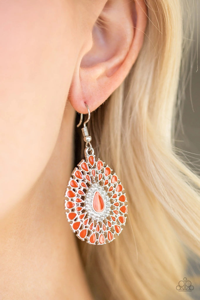 Painted in an orange finish, dainty petals flare from a matching teardrop center, creating a whimsical frame. Earring attaches to a standard fishhook fitting.  Sold as one pair of earrings.
