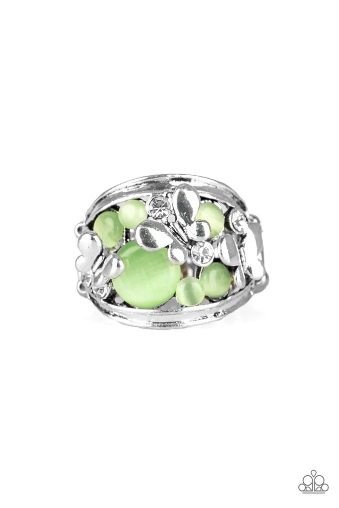 Dainty silver butterflies flutter atop a backdrop of glowing green moonstones and glassy white rhinestones, coalescing into an enchanted band. Features a stretchy band for a flexible fit.  Sold as one individual ring.