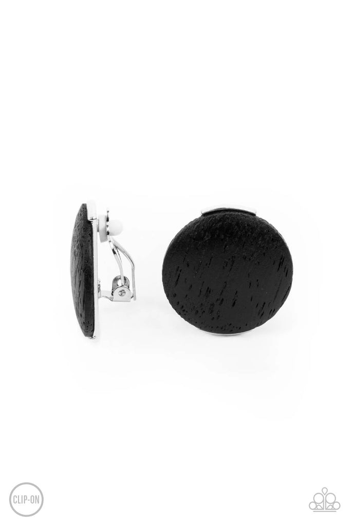 WOODWORK It - Black Wood Clip-On Earring-Paparazzi - The Sassy Sparkle