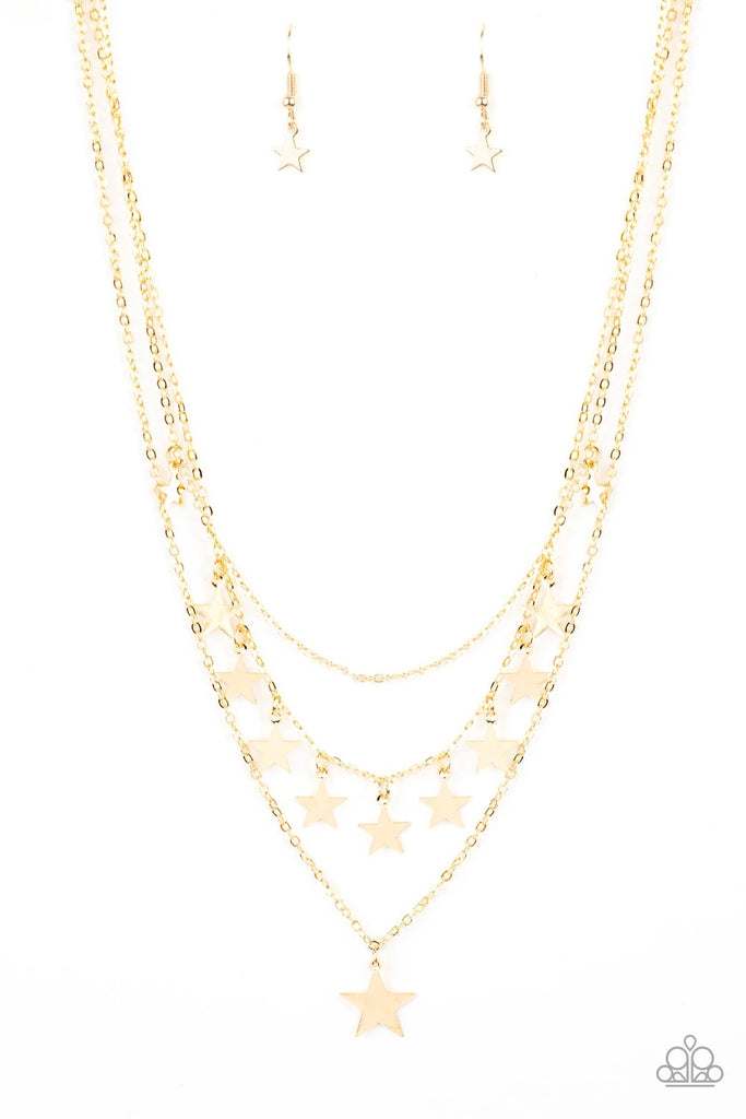 Haphazardly dotted in shiny gold star charms, three dainty gold chains layer below the collar for a stellar look. Features an adjustable clasp closure.  Sold as one individual bracelet.
