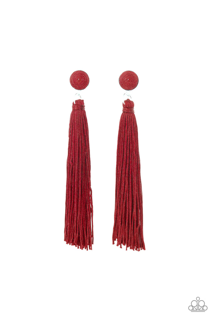 Tightrope Tassel - Red Tassel Post Earring-Paparazzi - The Sassy Sparkle
