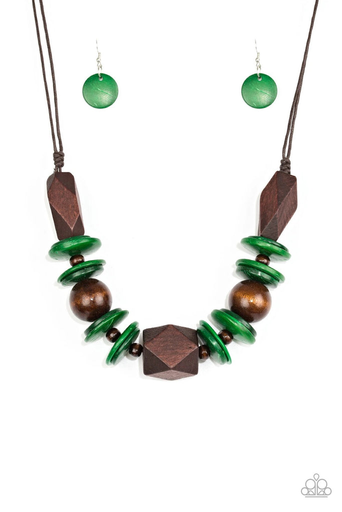 Pacific Paradise - Green Wood Necklace-Paparazzi - The Sassy Sparkle