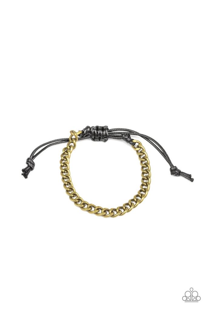 Shiny black cording knots around the ends of a brass beveled cable chain that is wrapped across the top of the wrist for a versatile look. Features an adjustable sliding knot closure.  Sold as one individual bracelet.