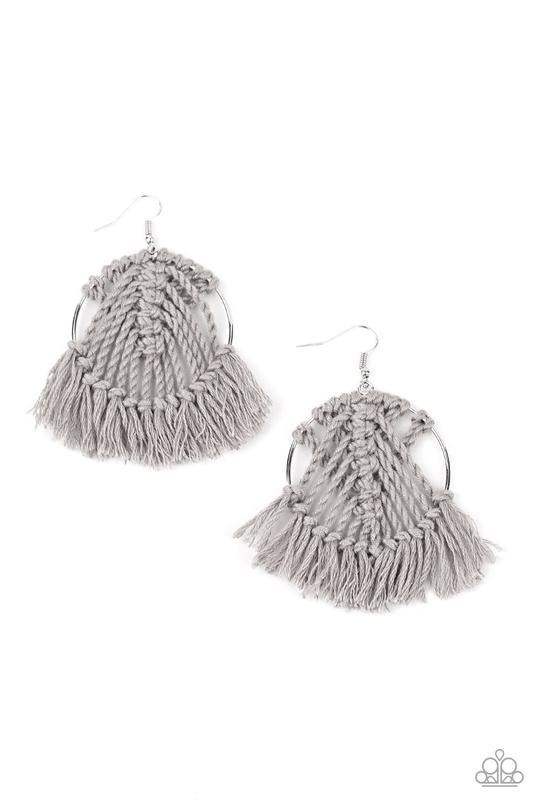 All About MACRAME - Silver Macrame Fringe Earring-Paparazzi - The Sassy Sparkle