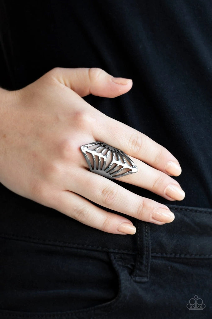 Glistening gunmetal bars arc across the finger, coalescing into a bold centerpiece. Features a stretchy band for a flexible fit.  Sold as one individual ring.