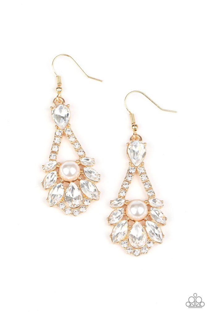 A sparkly series of marquise and teardrop white rhinestones embellish the front of a white rhinestone encrusted gold frame. A dainty white pearl adorns the center, adding a splash of vintage refinement. Earring attaches to a standard fishhook fitting.  Sold as one pair of earrings.  Life of the Party - February 2021 Exclusive item