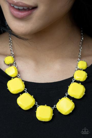 Summer Party Pack Exclusive July 2021  Encased in pronged silver fittings, faceted yellow beads gradually increase in size as they link below the collar, creating a flamboyant pop of color. Features an adjustable clasp closure.  Sold as one individual necklace. Includes one pair of matching earrings.