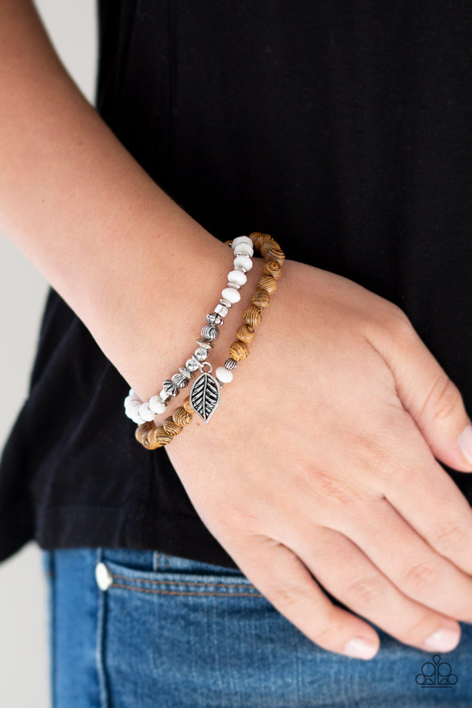 Paparazzi-Wonderfully Woodland-White Bracelet-beaded-wood beads-leaf charm-stretch - The Sassy Sparkle